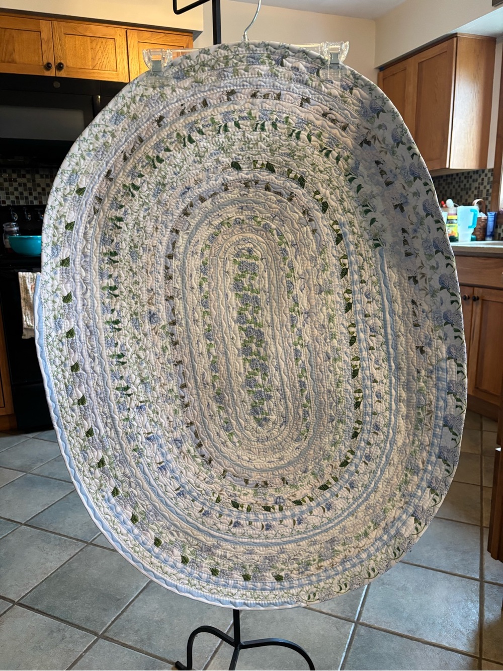 Handmade Oval Rug in Hydrangeas White, Light Blue & Green